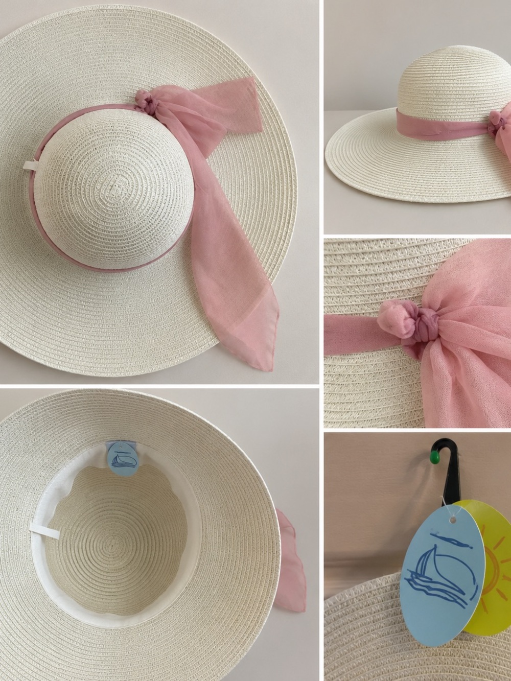 Women's Wide-Brim Straw Sun Hat with Pink Scarf Accent